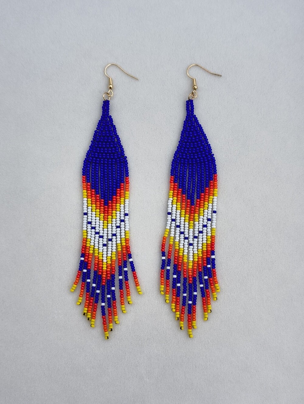 Native American Handmade Beaded Fringe Earrings Royal Blue Fire Colors - Picture 6 of 7